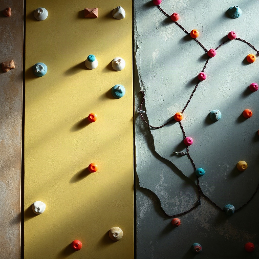 Same wall with hold markers for a boulder route